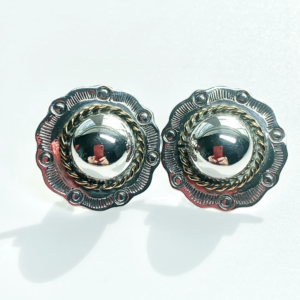 Vintage Southwest Concha Style Sterling & Brass Braided Dome Post Earrings